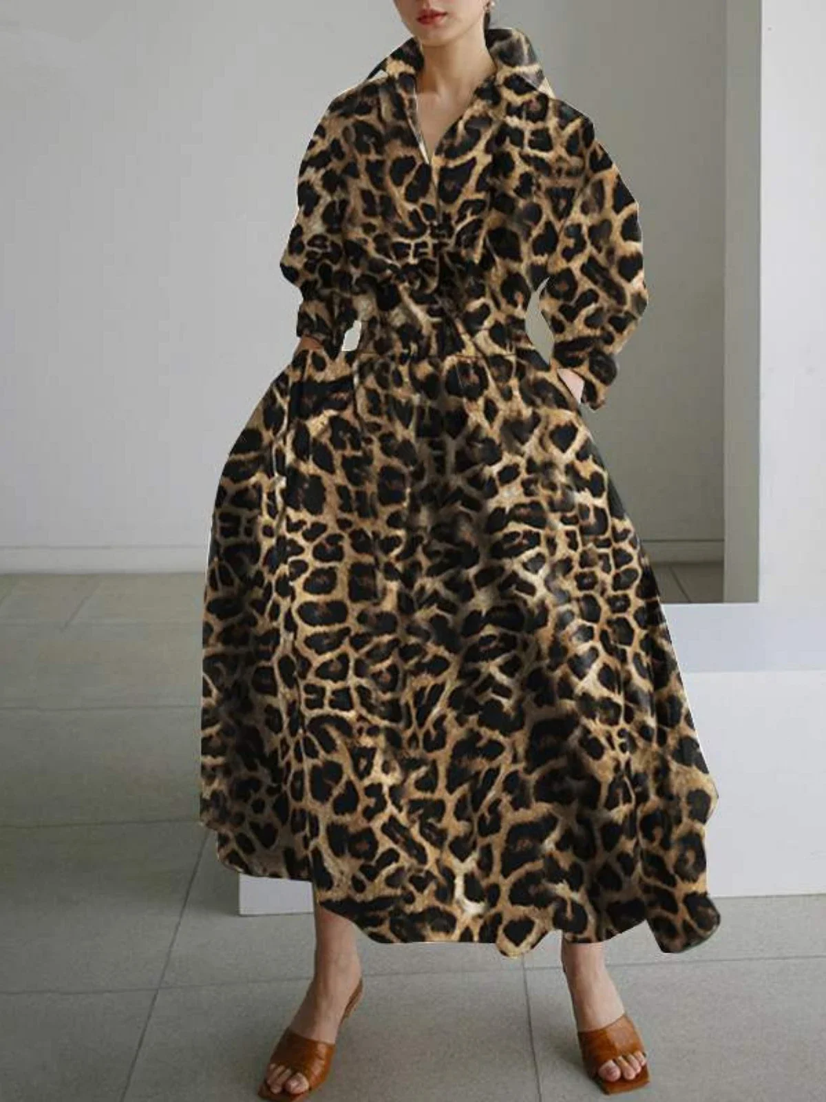 

Ladies Long Dress Summer 2022 Retro Leopard Print Sexy Lantern Sleeves Boho Slim Oversized Summer Party Sundress