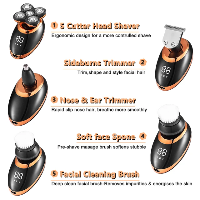 IPX7 Waterproof Electric Shaver Razor for Men Beard Hair Trimmer Rechargeable Bald Head Shaving Machine LCD Display Grooming Kit 6