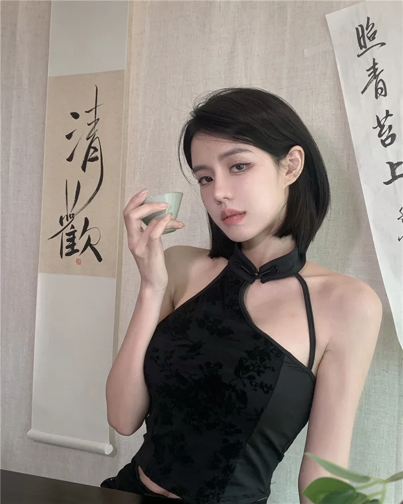 New Chinese Style Irregular Camis Women Autumn Elegant Temper Ink Print Sexy Halter Backless Fashion Party Romantic Crop Tops
