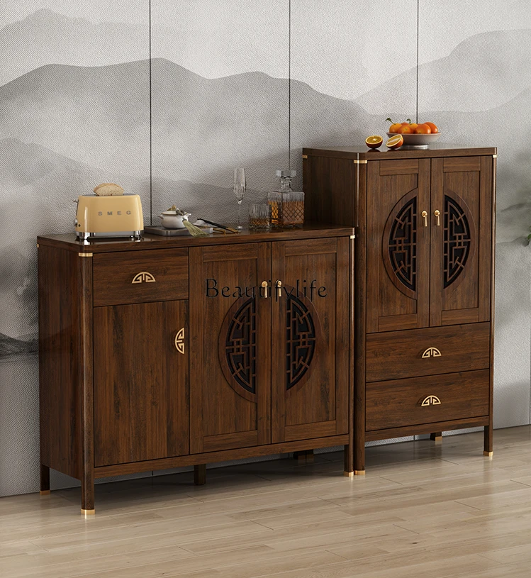 

New Chinese Style Sideboard Cabinet Living Room Storage Solid Wood Frame Wall Integrated Locker