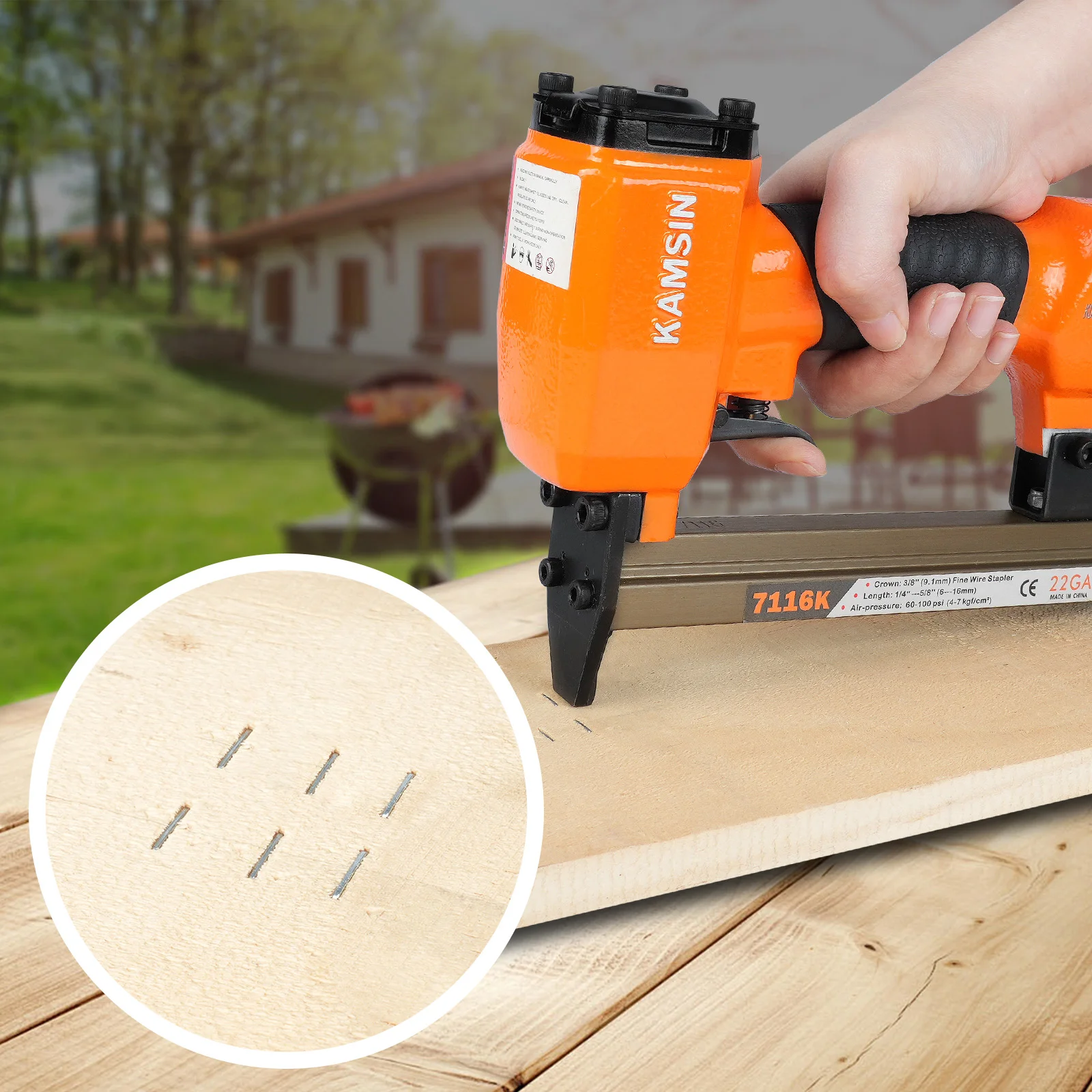 KAMSIN DIY Furniture Construction Stapler 7116K 22Gauge Pneumatic Upholstery Stapler Gun 6