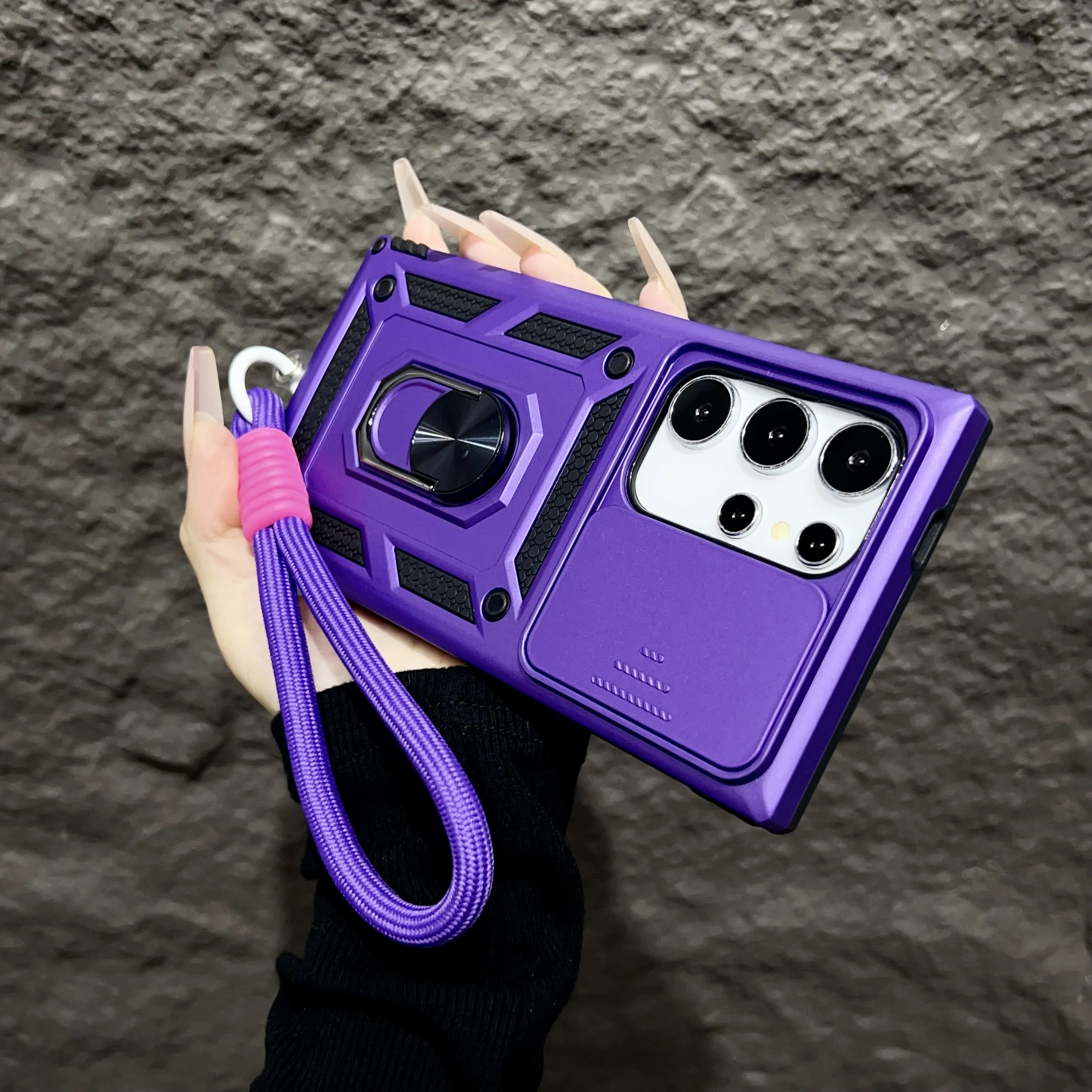 Magnetic Armor Bracket Case with Lanyard and Slide Camera Protector - Shockproof Cover