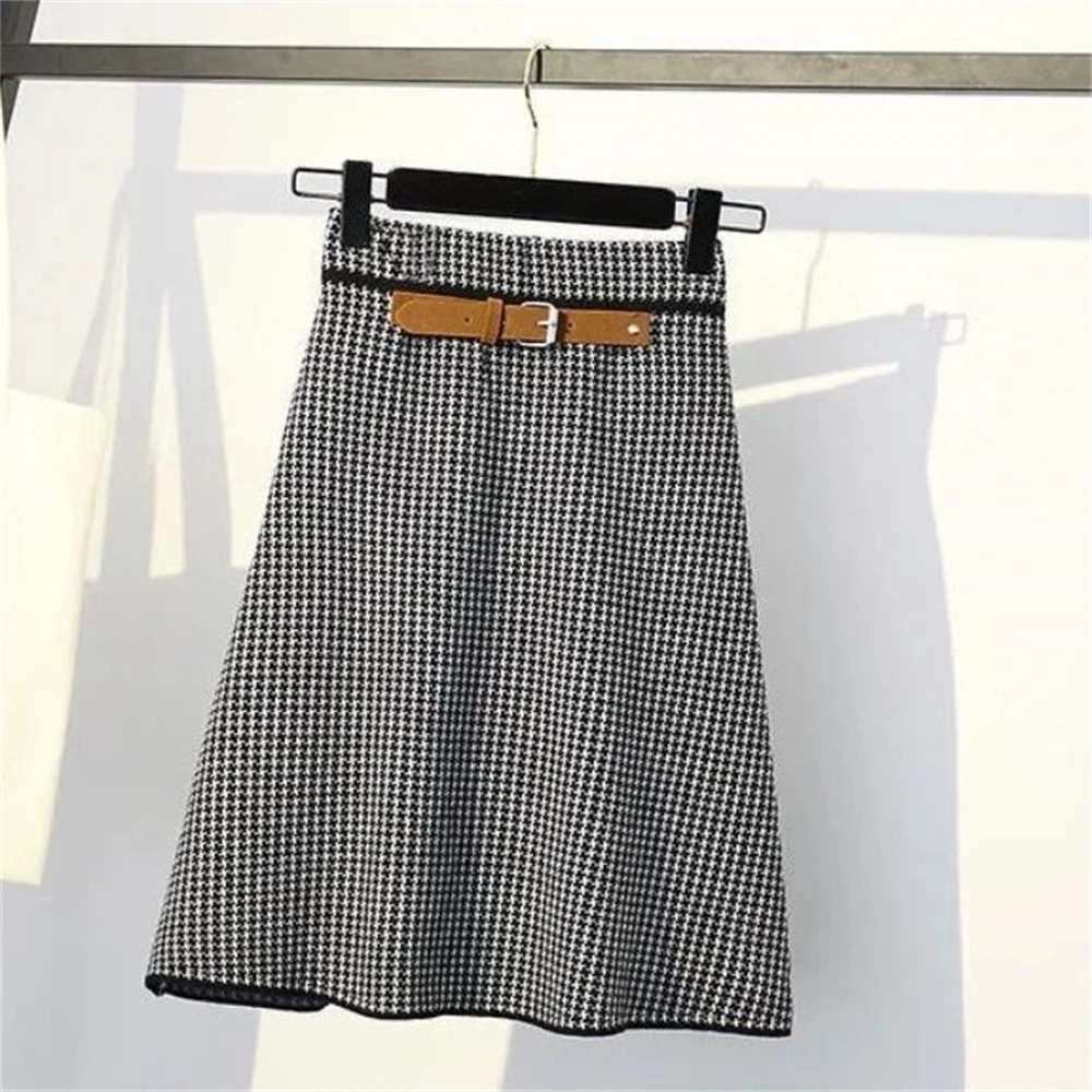 

Houndstooth Faldas Knit Skirt Stretch Jupe Belt Fall Winter Plaid Skirt For Women Vintage Wool Skirts Spring Ol Elegant Mujer