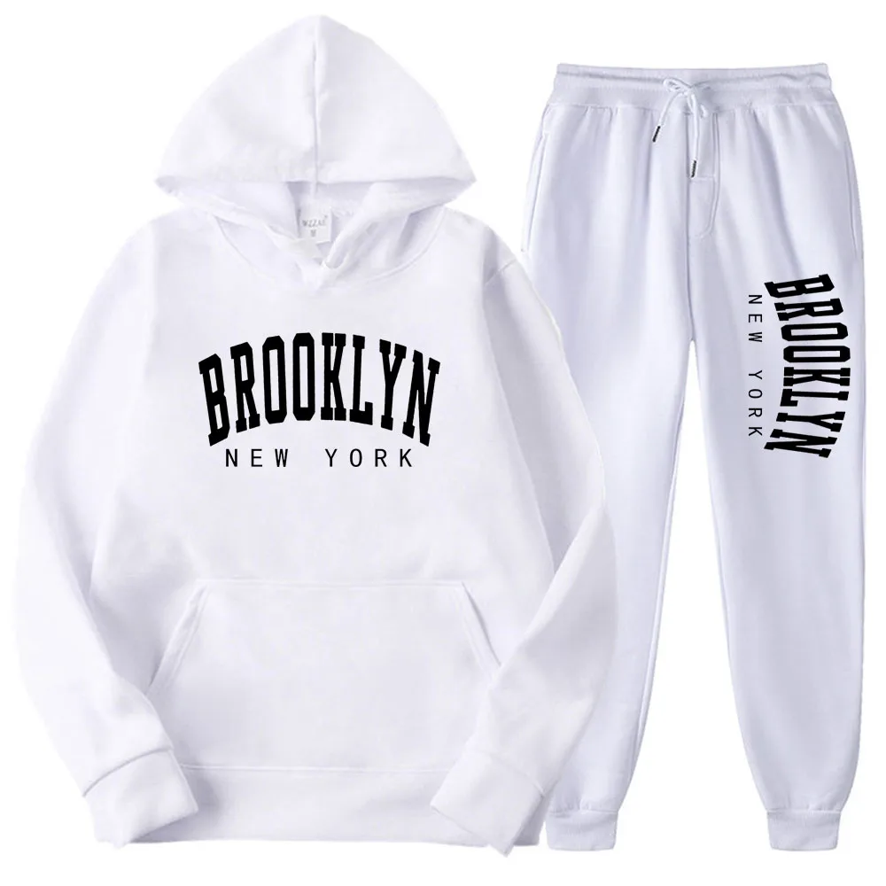 BROOKLYN NEW YORK Autumn Winter Men Women Hooded Sweatshirt Suit Pure Cotton Couple Jogging Sweatshirts Oversized Streetwear 2