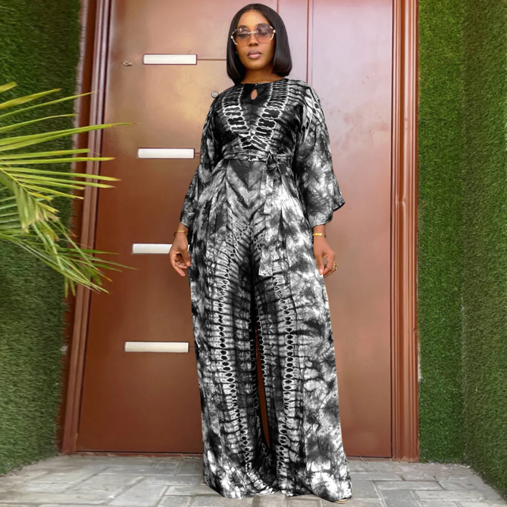 

Cutubly Flare Sleeve Printed Sexy Jumpsuit For Women Fashion Round Neck Lace Up 2023 Summer New Tie Dye Slim Wide Leg Jumpsuit