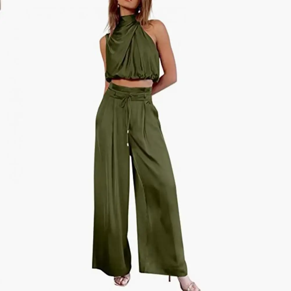 2 Pieces/set Women's Cropped Pants Suit Sleeveless Turtleneck Blouse Solid Color Drawstring High Waist Wide Leg Loose Suit