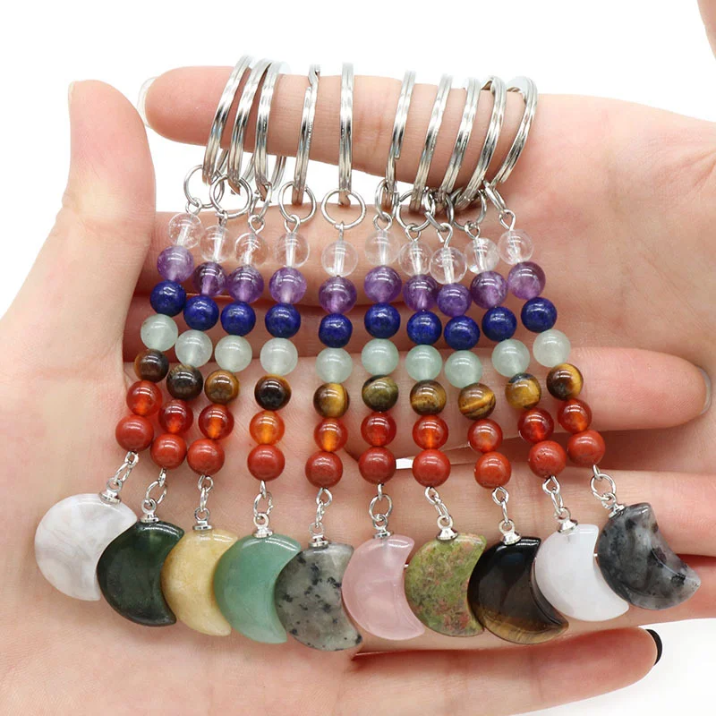 

11.11 Moon Shape Stone Key Rings 7 Colors Chakra Beads Chains Gem Charms Keychains Healing Crystal Keyrings for Women Men