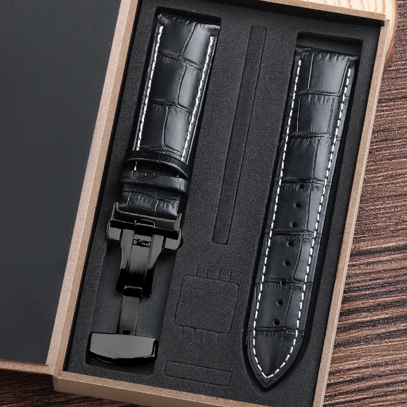 Luxury Genuine Cowhide Leather Watch Strap with Butterfly Clasp and Gift Box