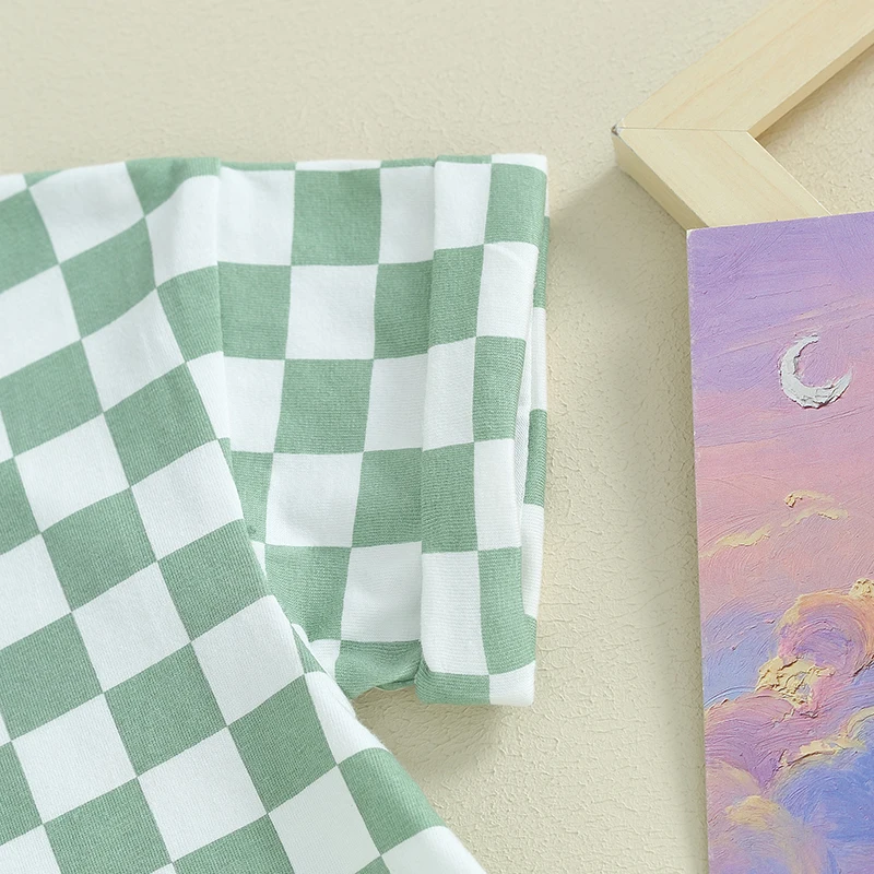 

Baby Boy Girl Checkered Bubble Romper Oversized Short Sleeve T Shirt Romper Top Neutral Baby Summer Clothes