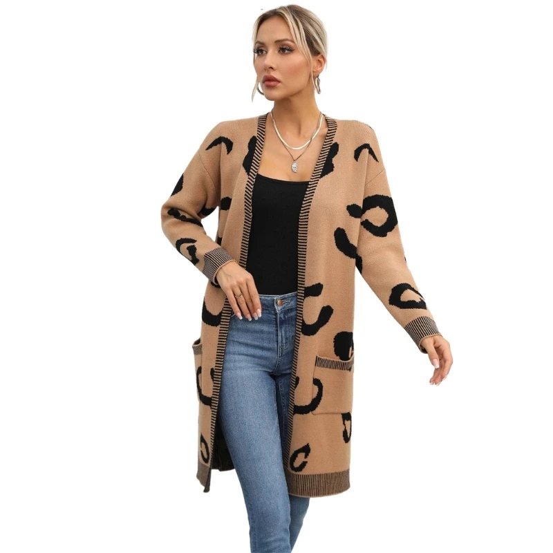 

Stylish Women's Long Sleeve Cardigan Sweater Cosy and Warm Coat Open Front with Two Pockets Classical Khaki Design