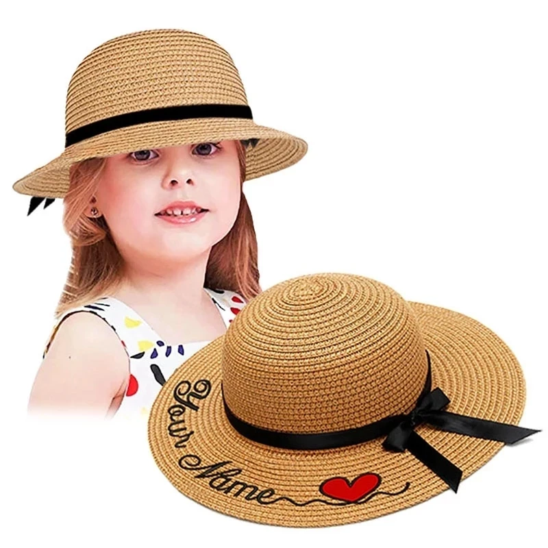 Sombrero de sol para niños y bebés, bordado personalizado, con texto de su nombre, logotipo, sombrero de paja, sombrero de playa al aire libre, gorras de verano, regalo cumpleaños|Sombreros de sol