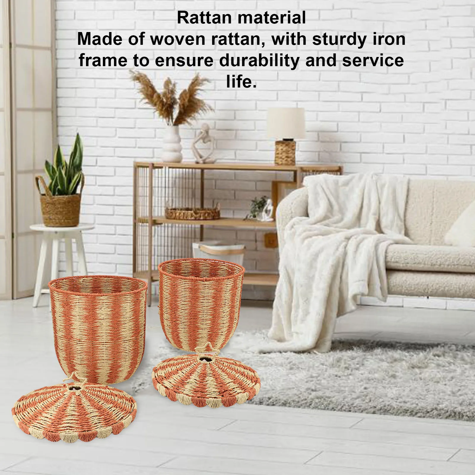 Woven Storage Basket with Lid Handwoven Long Lifespan Rattan Floor Basket Red Vintage Versatile for Clothes Blanket Toys Snack