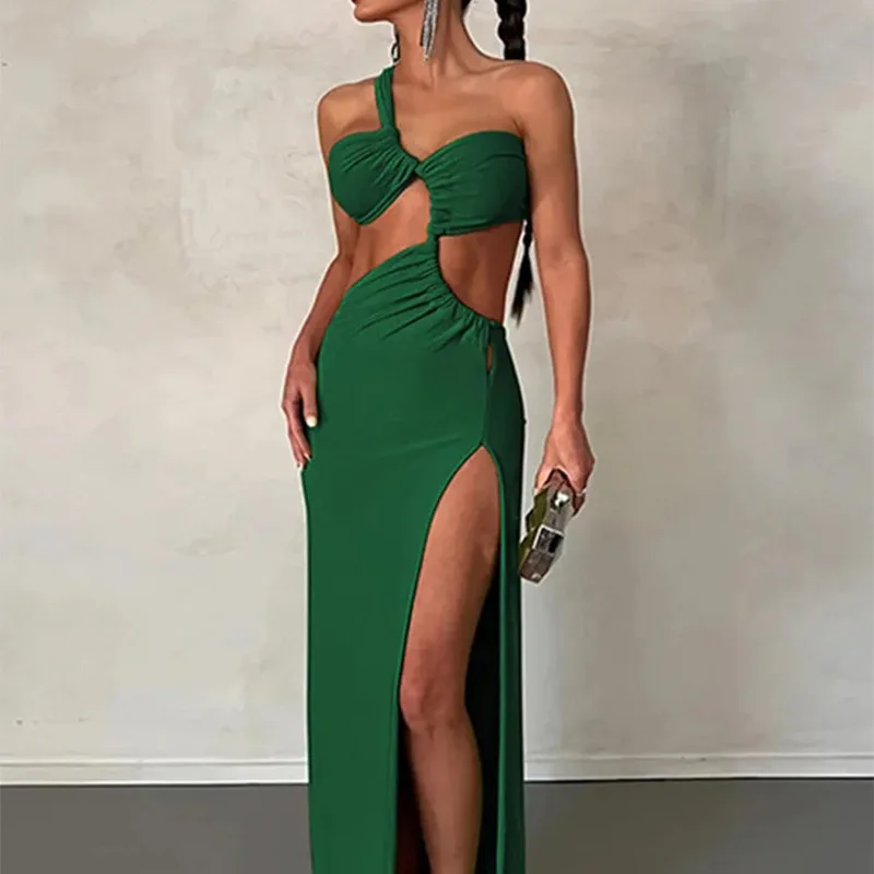 

2024 Summer New Women's Clothing Solid Color Personalized Trendy One-Shoulder Sleeveless Fashion Split Dress