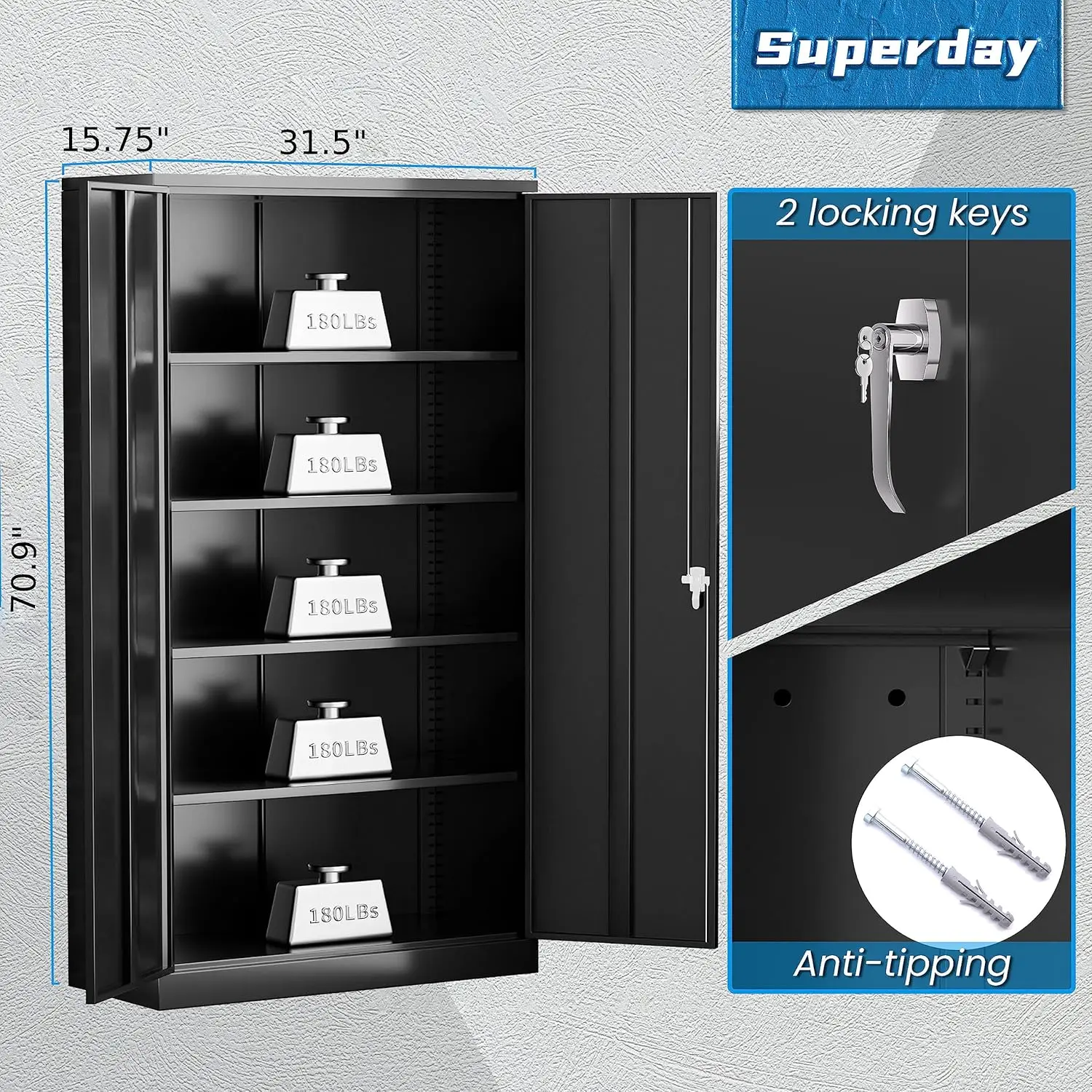 Lockable Storage Cabinet, 71" Garage Storage Cabinets with Lock, Black Metal Cabinet with 2 Doors and 4 Adjustable Shelves 3