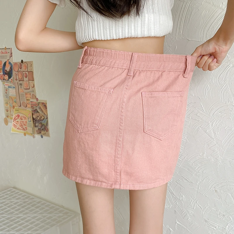 Ailegogo Spring Summer Women Classic Solid Color A-line Denim Skirts Casual Female Elastic Waist Ladies Pink Black Jeans Skirt crop top and skirt