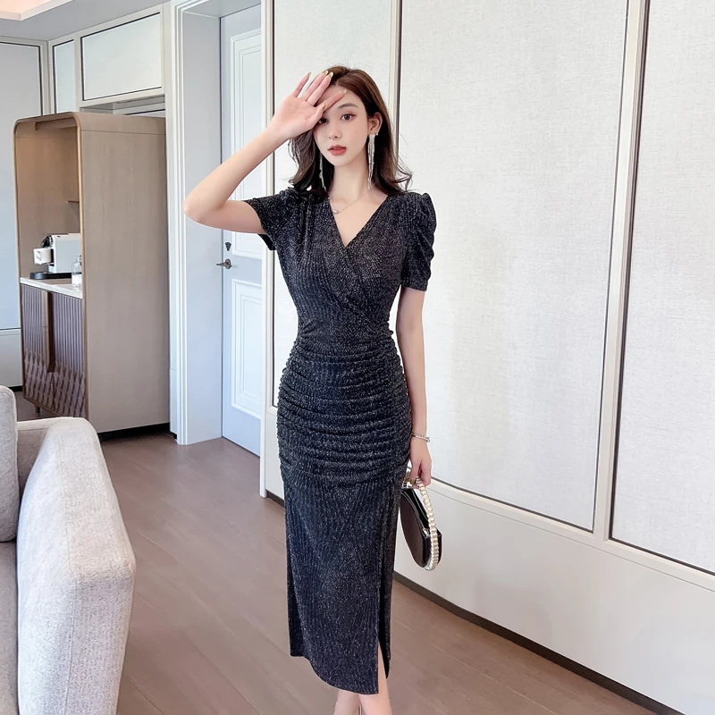 

Elegant Sexy Dresses Woman Spring Summer 2022 Knitted Black V-neck Short Sleeve Women's Dress Hip Wrap Womens Clothing Traf Chic