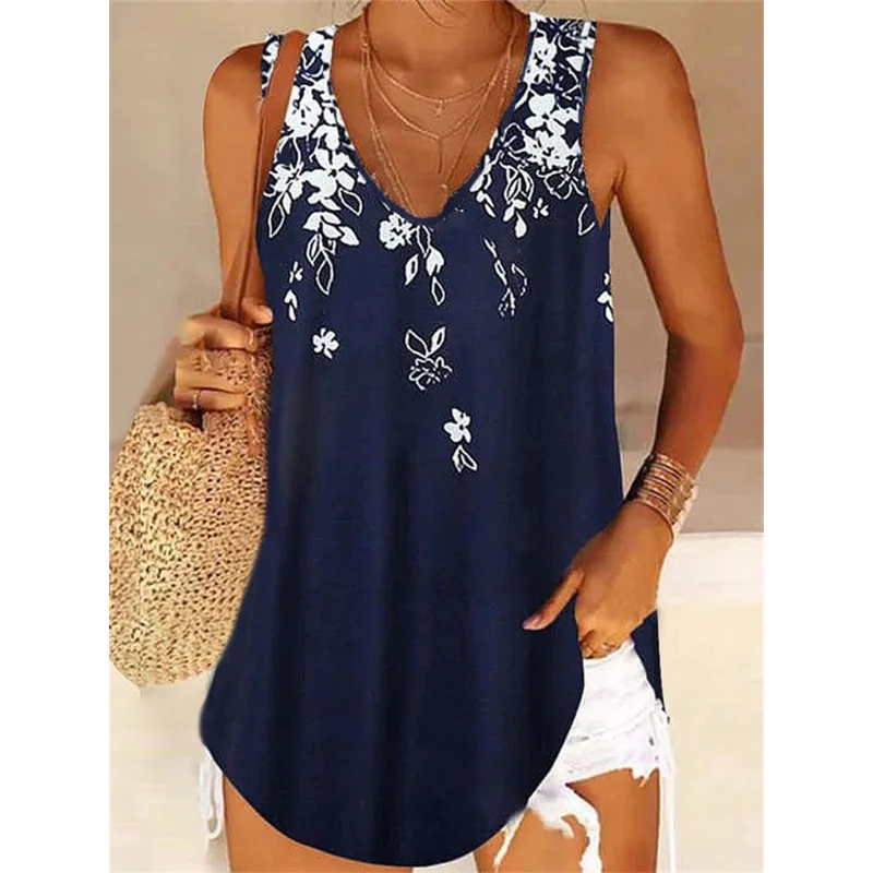 

2023 Summer Crop Tops Woman Loose V-Neck Gradient Sleeveless Printed Tank Top Female Korean Fashion Clothing Y2k Crop Top Mujer