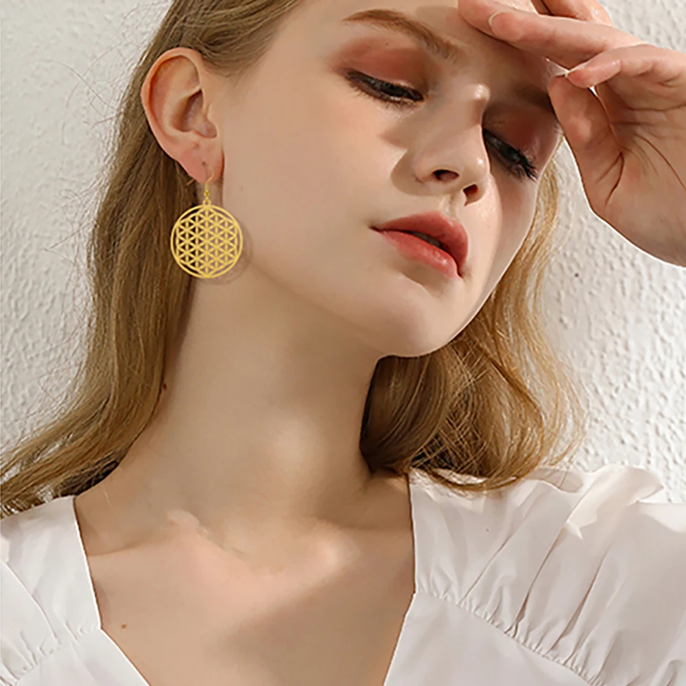 Skyrim Mandala Flower of Life Dangle Earrings Stainless Steel Gold Color Sacred Geometry Drop Earring Jewelry Gift for Women