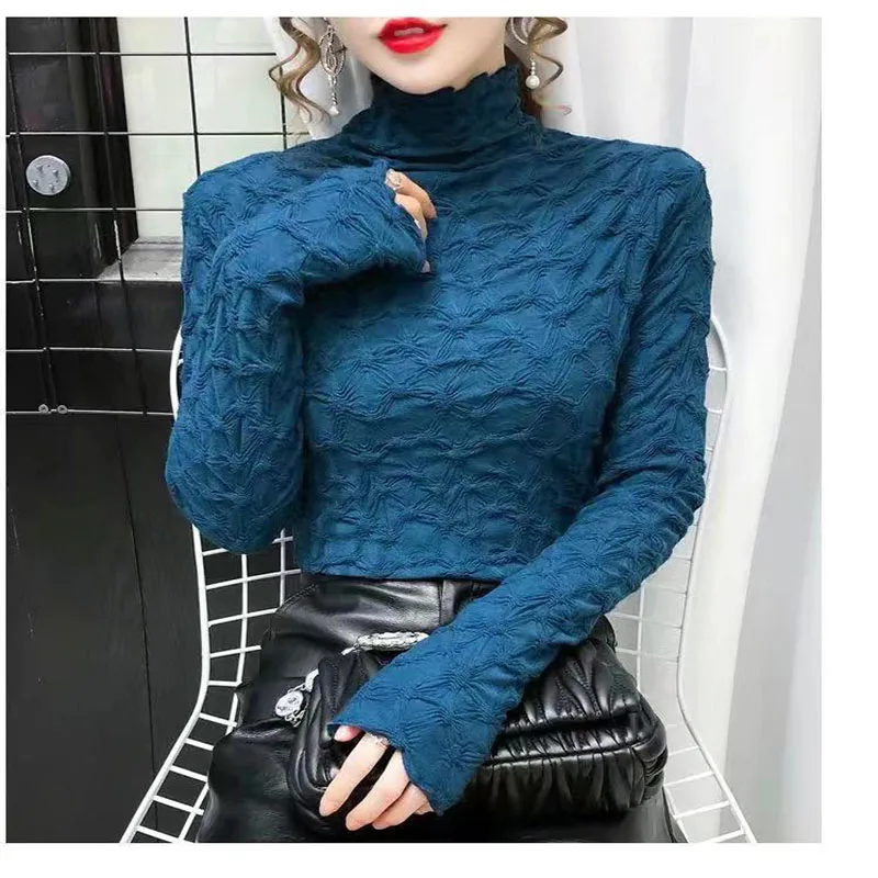 

Folds Slim Women's Tee Soft Turtleneck Tops Autumn Winter Fleece Long Sleeve Vintage Casual T-shirt Female Fashion Clothing