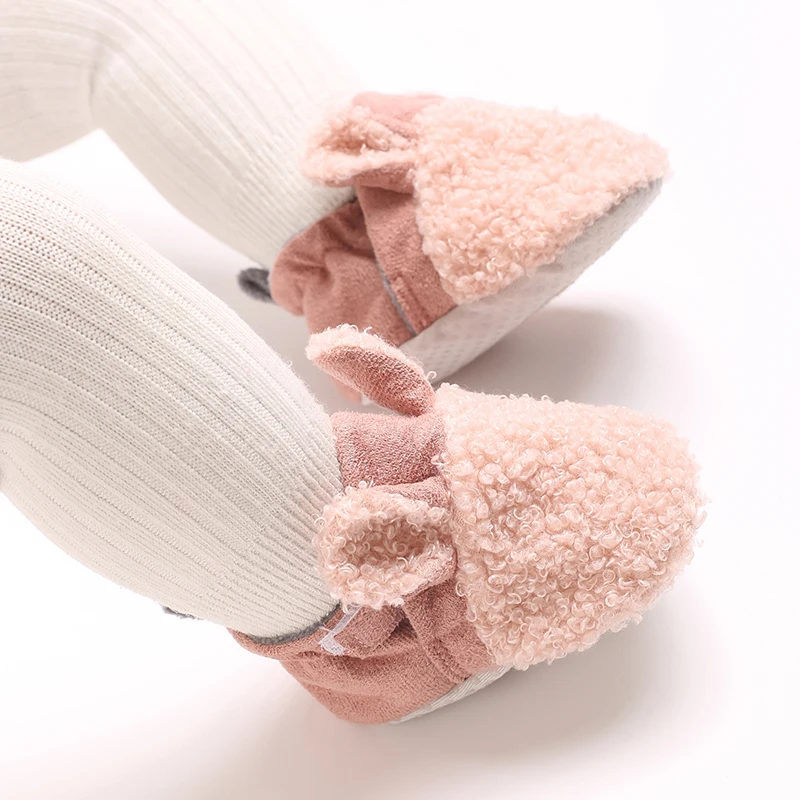 Blotona Newborn Baby Winter Crib Shoes Contrast Color Warm Flats with Cute Ears Casual Walking Shoes for Toddler Infant