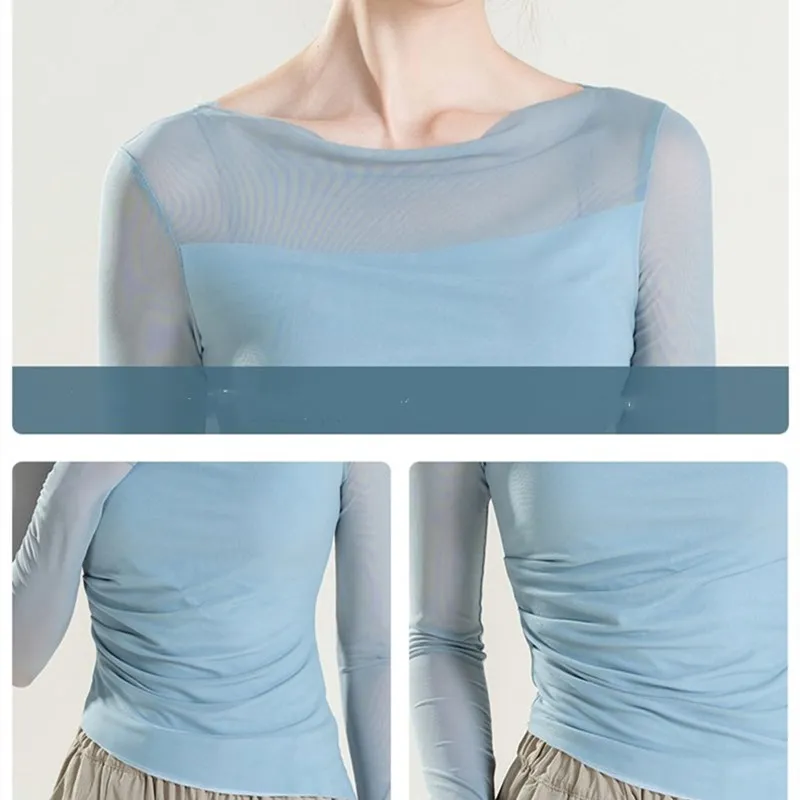 Blue Long Sleeve Practice Clothes Gauze Round Neck Sexy Classic Top For Dancing Chinese Traditional Folk National Body Rhyme