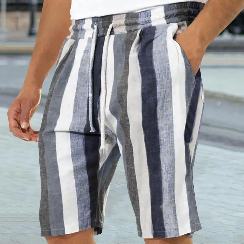 

Men Summer Shorts Striped Print Contrast Color Drawstring Knee Length Match Top Pockets Mid Waist Soft Beach Shorts Men Clothes