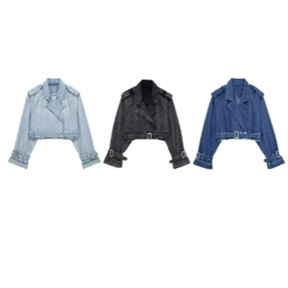 Autumn Lapel Notched Collar Washing Blue Denim Jacket Vintage Women Hem Buckle Belt Draped Jean Coat Cool Outerwear 3 Color photo