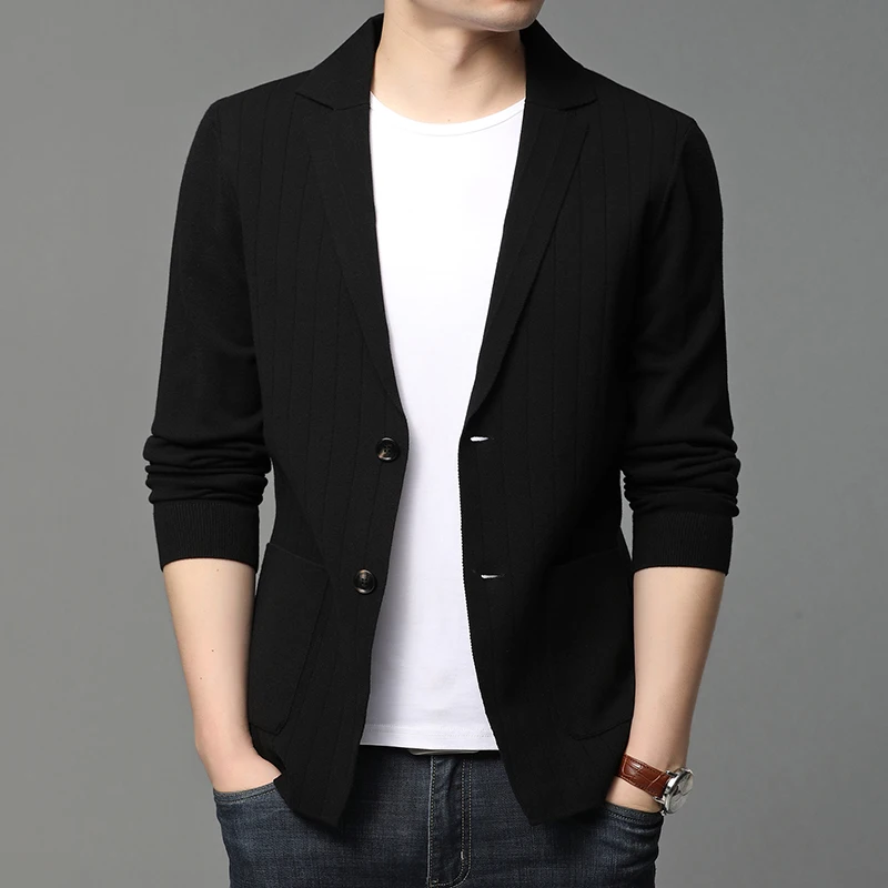 Casual Fashion Slim Fit Stripe Classic Suit Men Knitted Cardigan Jacket Korean Blazer Coats Men Clothing