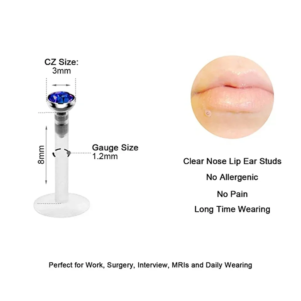6 Pc 2Mm Clear Cz Push In Stud Lip Labret Monroe Ear Cartilage - Foto 6