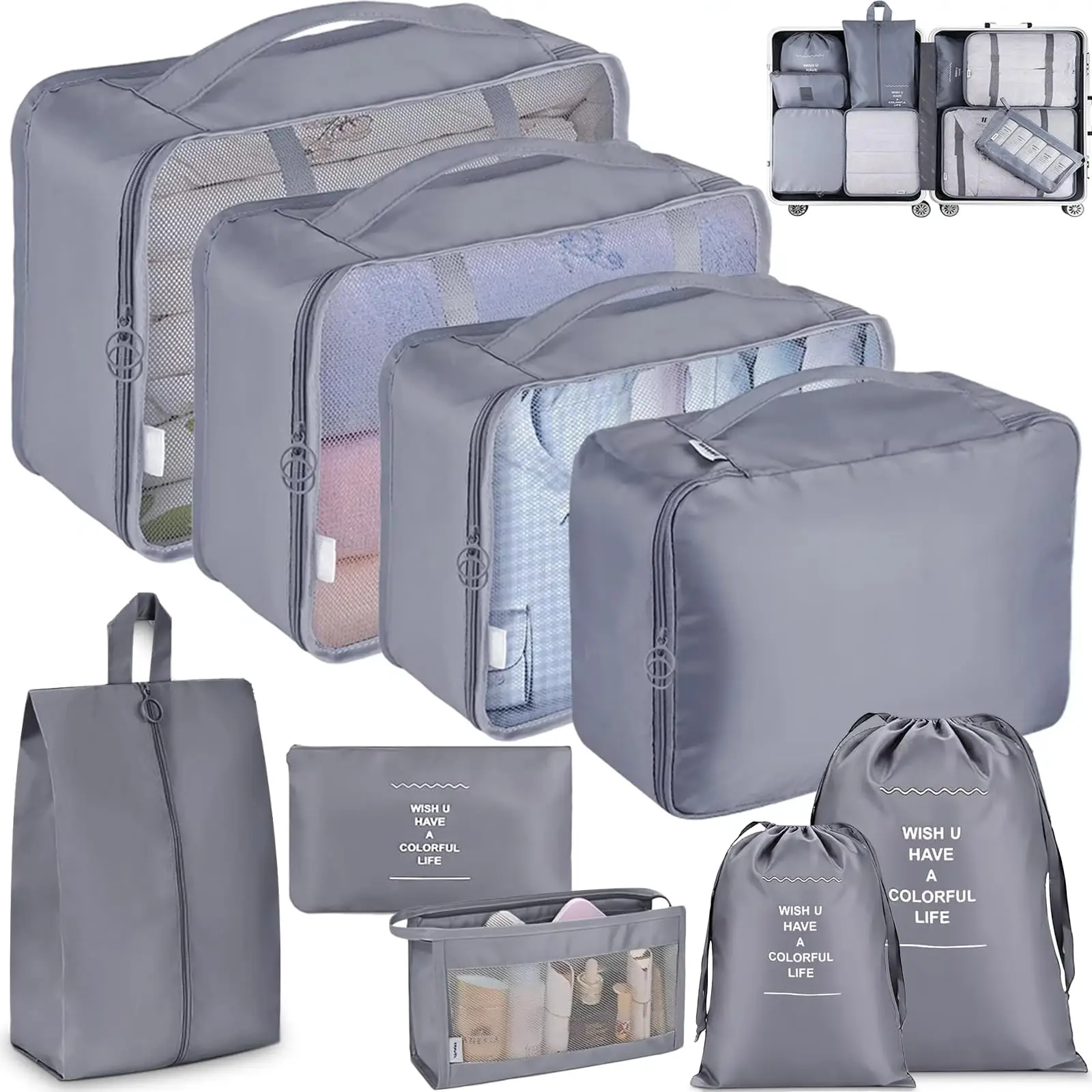 

9 PCS Travel Organizers Waterproof Luggage Bags Suitcase Organizer Travel Packing Bucket Cosmetic Shoes Clothes Storage Bags (Grey)