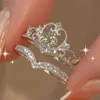 2PCS Fairy Sparkling Crown Rings for Women Teen Crystal Korean Adjustable Silvery Anniversary Gift Party Queen Ring Set Jewelry 1