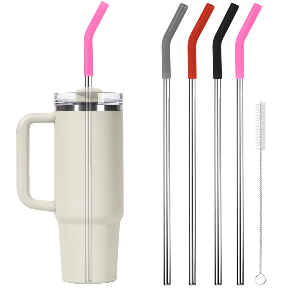 Set of 4 Reusable Stainless Steel Straws with Silicone Tips and Cleaning Brush
