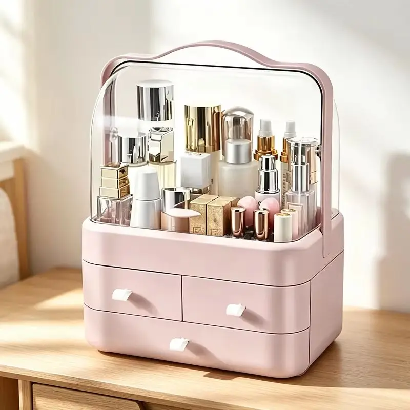 Elegant Dustproof Makeup Organizer with Portable Handle - Large Capacity Cosmetic and Jewelry Storage Box