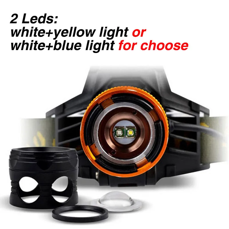 2way Waterproof Head Light Headlamp 2 LEDs Headlight Blue Yellow Fishing Flashlight Torch Head Lamp + Charger + 18650 Battery