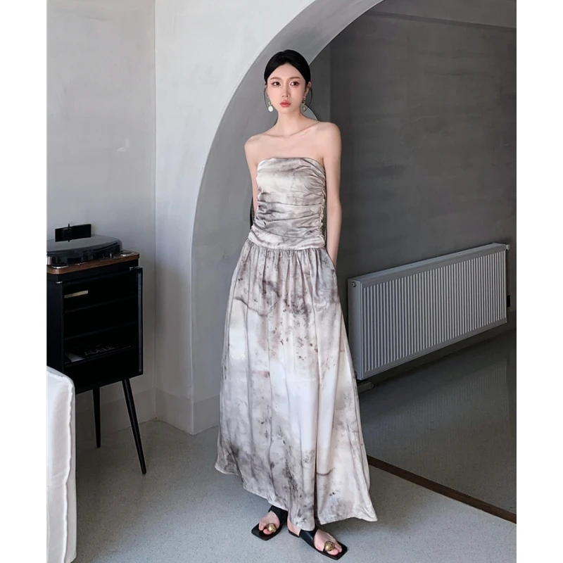 

Summer Grey Tie Dyeing Dress Wrinkle Sleeveless Womens Sexy Fashion Simple Temperament 2023 NEW Female Clothing Long Dress