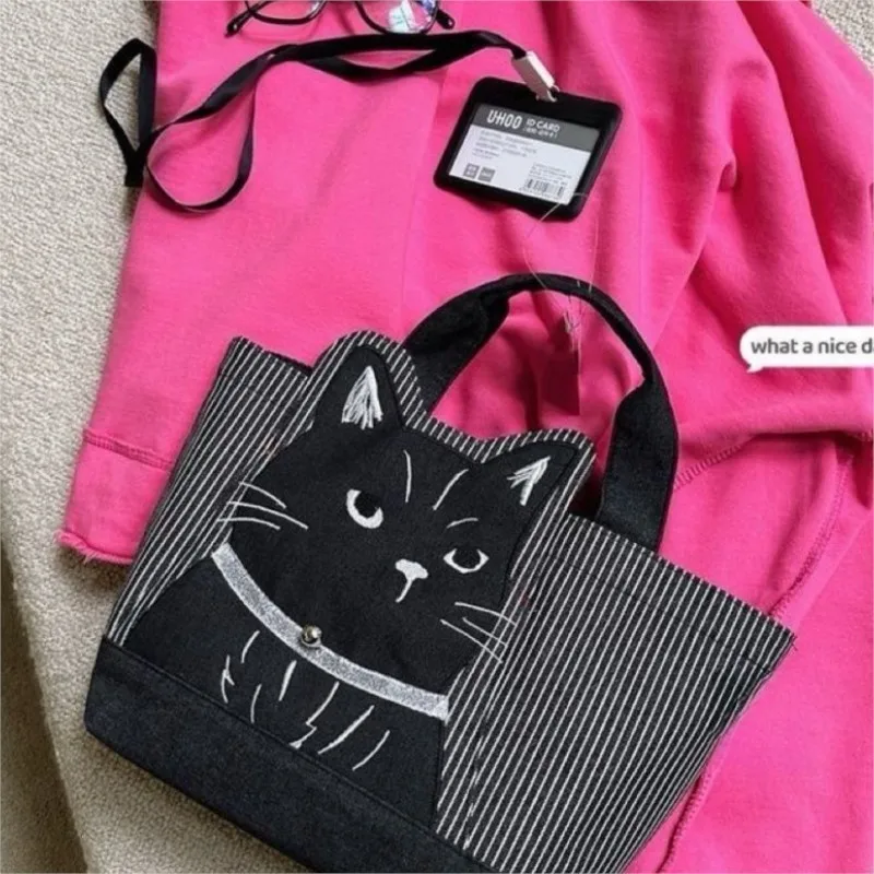 JIAERDI Japanese Embroidered Cartoon Black Cat Handbag Women Cute Stripe Large Capacity Shoulder Bag Ladies Casual Tote Bag 2025