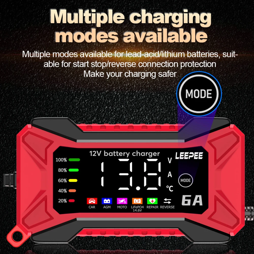 Enhanced Digital LCD Car Battery Charger 12V 6A with Intelligent Pulse Repair and Temperature Detection