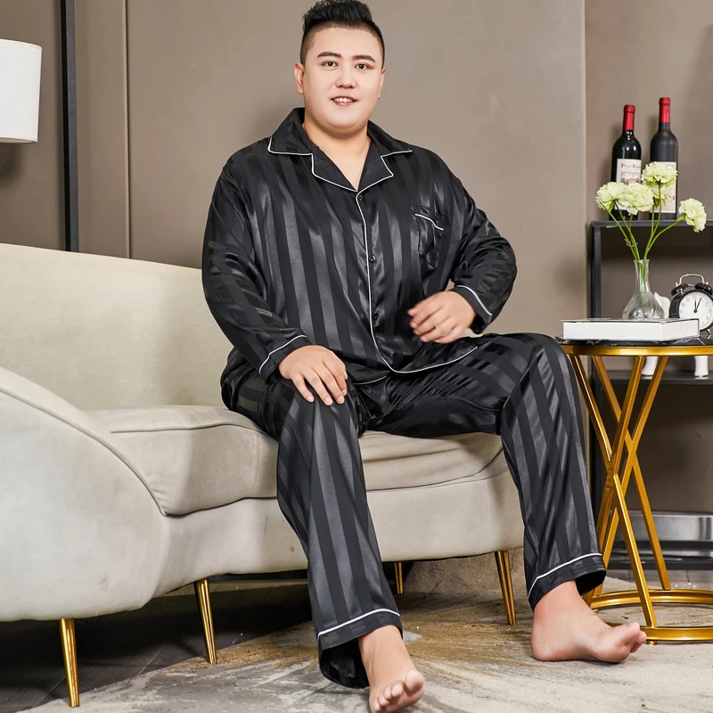 3xl-5xl Plus Size 150kg Graphics Silk Pajamas for Men Autumn Spring New Long Sleeve Singer Breast Top and Pants Sleepwear Pjs