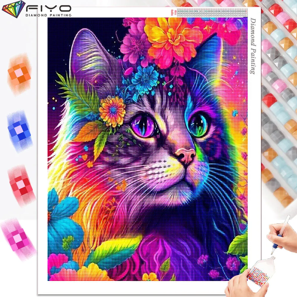 Pintura de diamantes 5D DIY, cuadro de flores y gatos, punto de