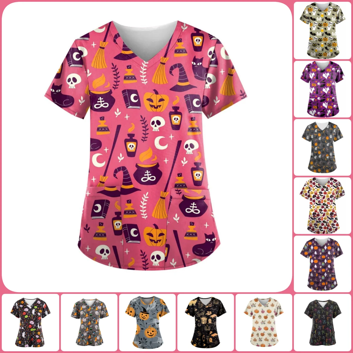 Damen-Krankenhausuniform, Halloween-Kürbis-Muster, Still-T-Shirt, V-Ausschnitt, kurze Ärmel, Halloween-Stil, Tops, chirurgische Uniformen, Frau