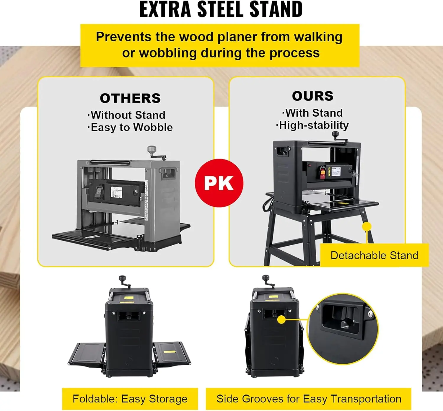 Thickness Planer - 13-Inch Benchtop Wood Planer, 2000W, 8000 rpm, 15 AMP, Foldable, 6m/min Planing Speed, Iron Stand