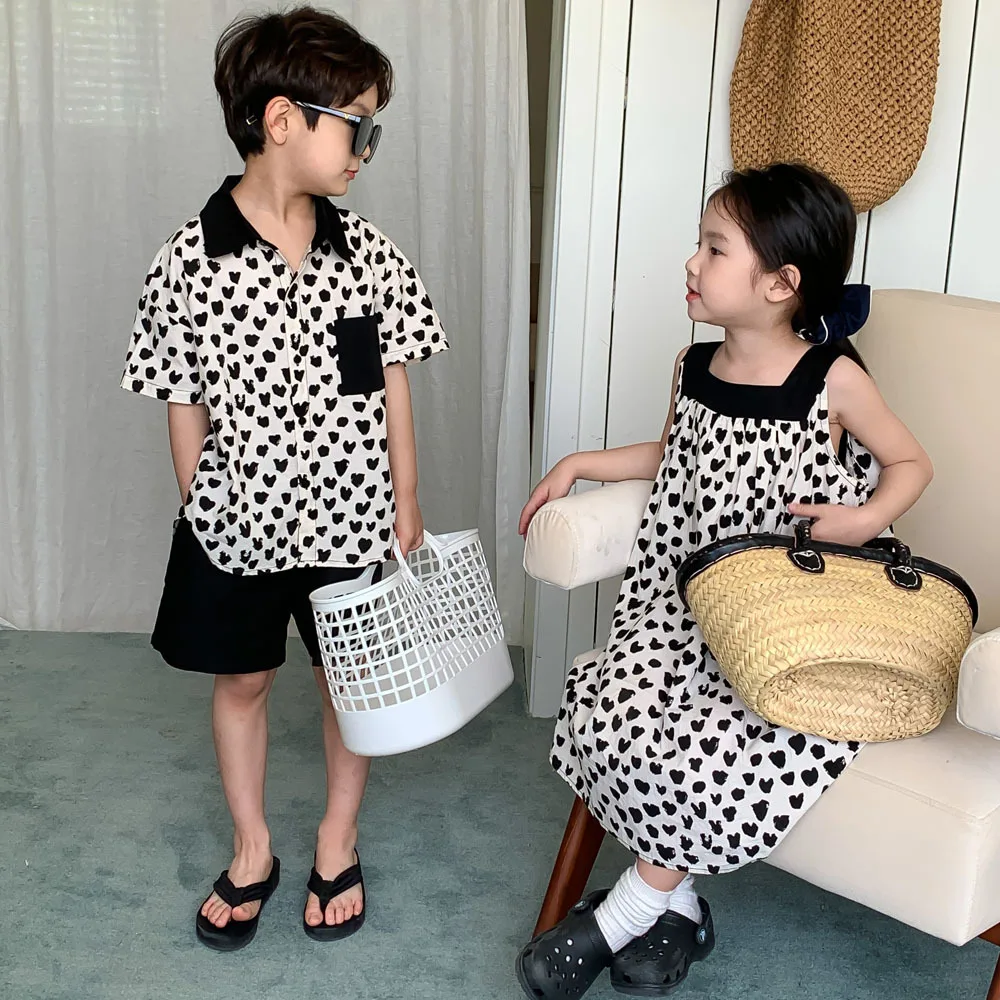 

2023 Summer New Brother Sister Heart Print Clothes Set Boys Shirt Shorts Suit Girls Casual Loose Sling Dress Children Outfits