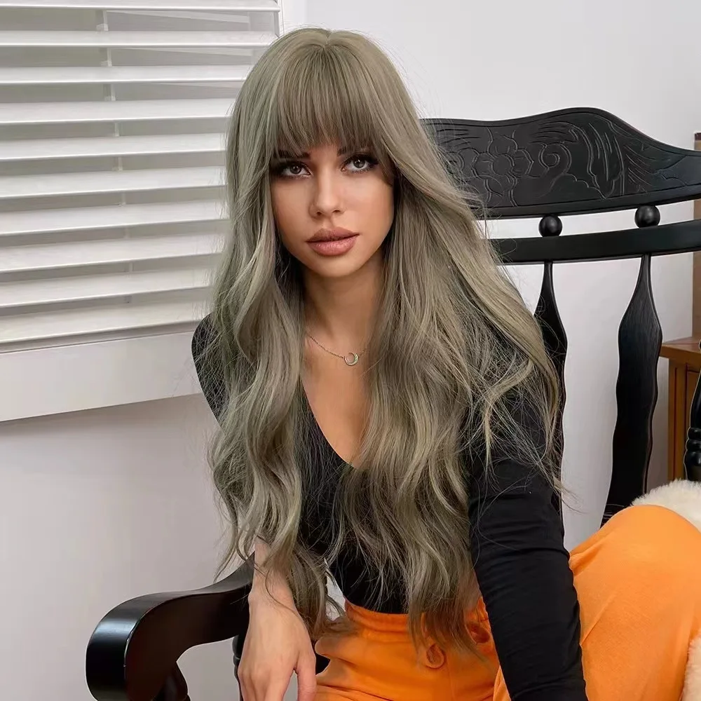 Synthetic hair wigs Green Wood Linen Gray Long Curly Wave for Women
