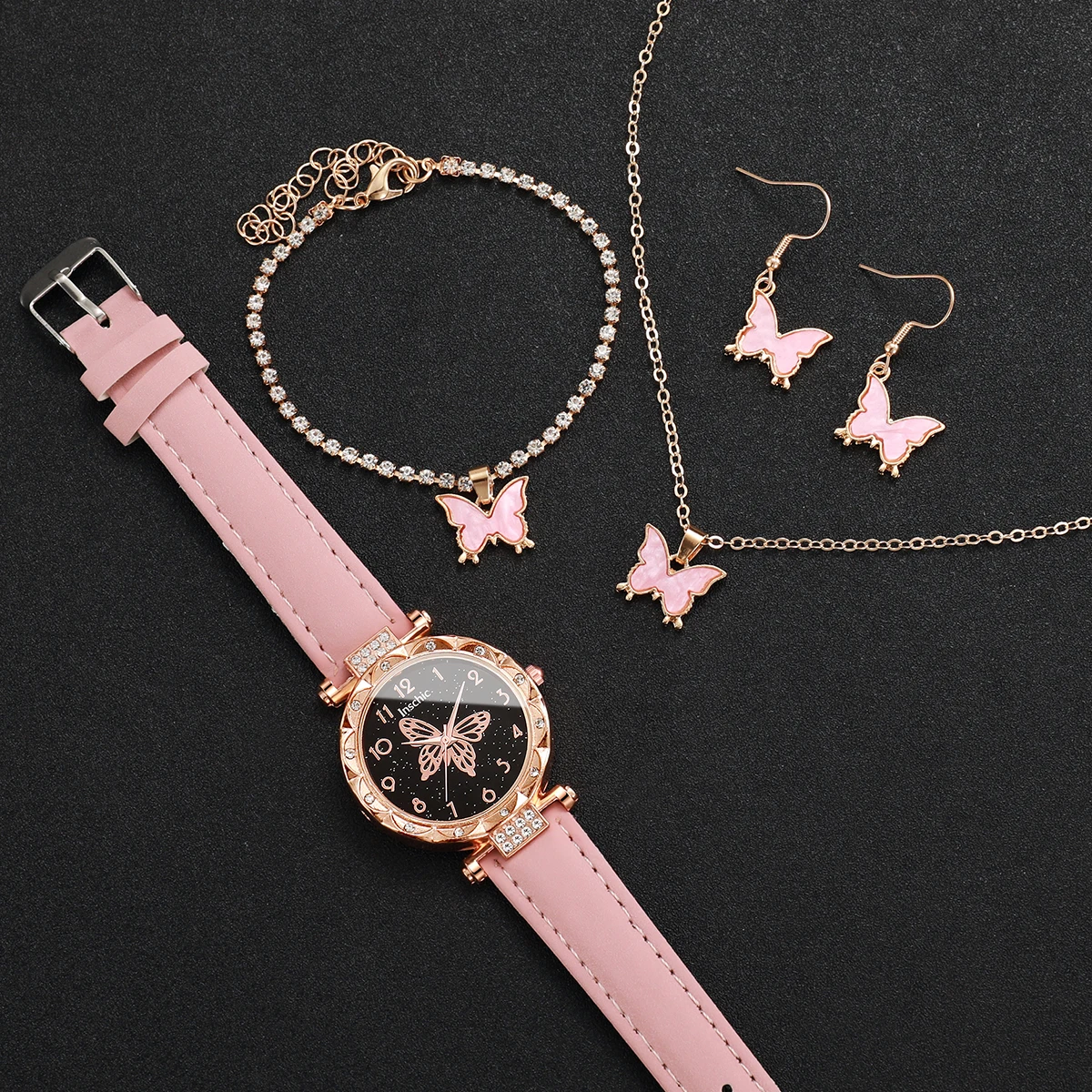 5pcs/set Women's Fashion Watch Set Butterfly Dial Pink Watch Casual Exquisite Watch with Butterfly Bracelet Necklace Earring Set