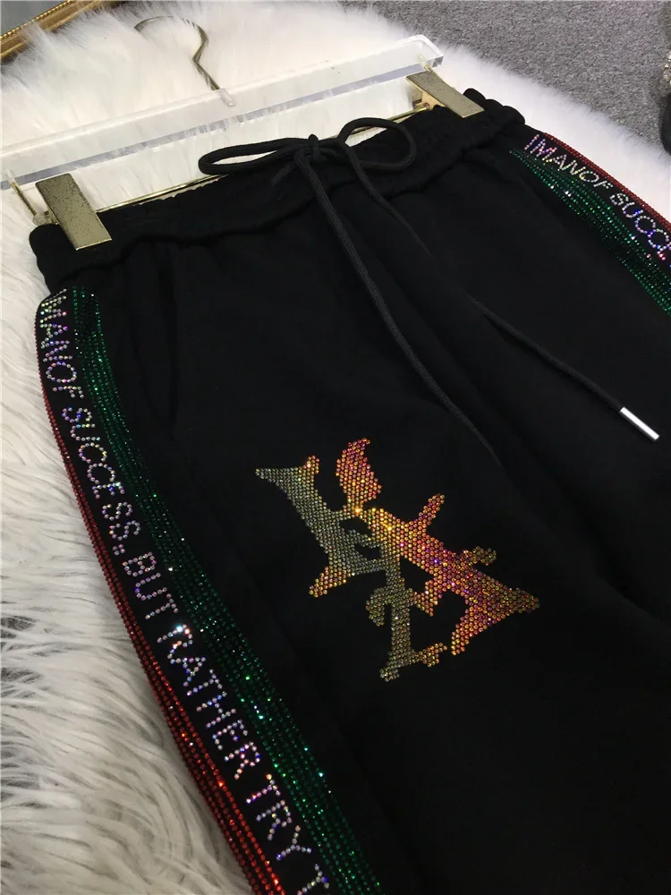 Side Letters Stripes Hot Drill Women Sweatpants Fashion Autumn Winter Thicken Fleece Casual Trousers Diamonds Black Sport Pants
