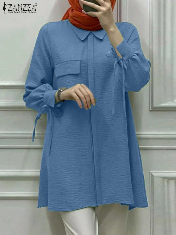 

ZANZEA Woman Fashion Solid Color Muslim Blouse Female Long Sleeve Lapel Neck Tops Vintage Party Blusas Elegant OL Shirt 2023