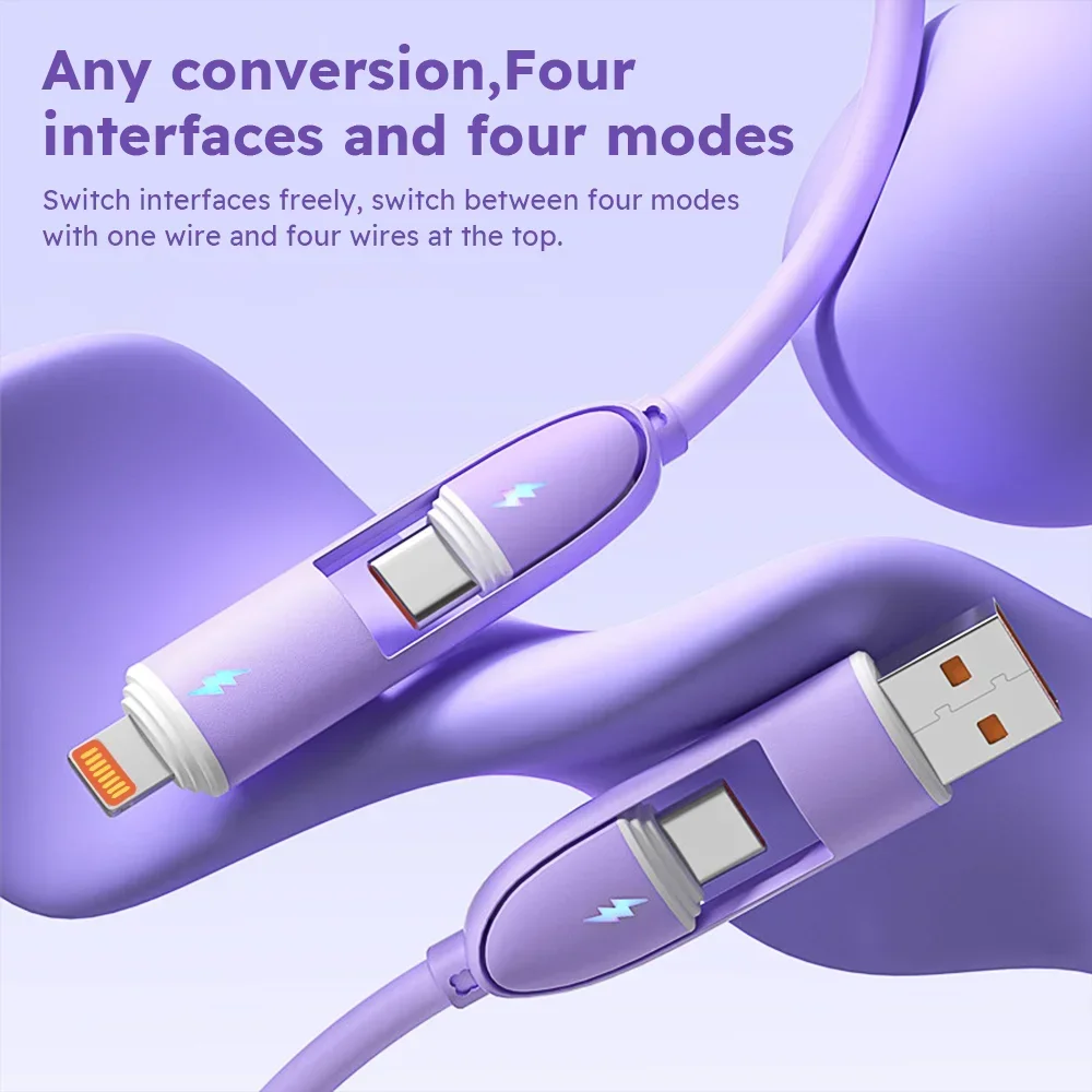 4 in 1 Silica gel MFi Certified USB cable Type C Usb Micro Iphone Samsung Huawei Xiaomi Multi Port Multiple Charging Wire