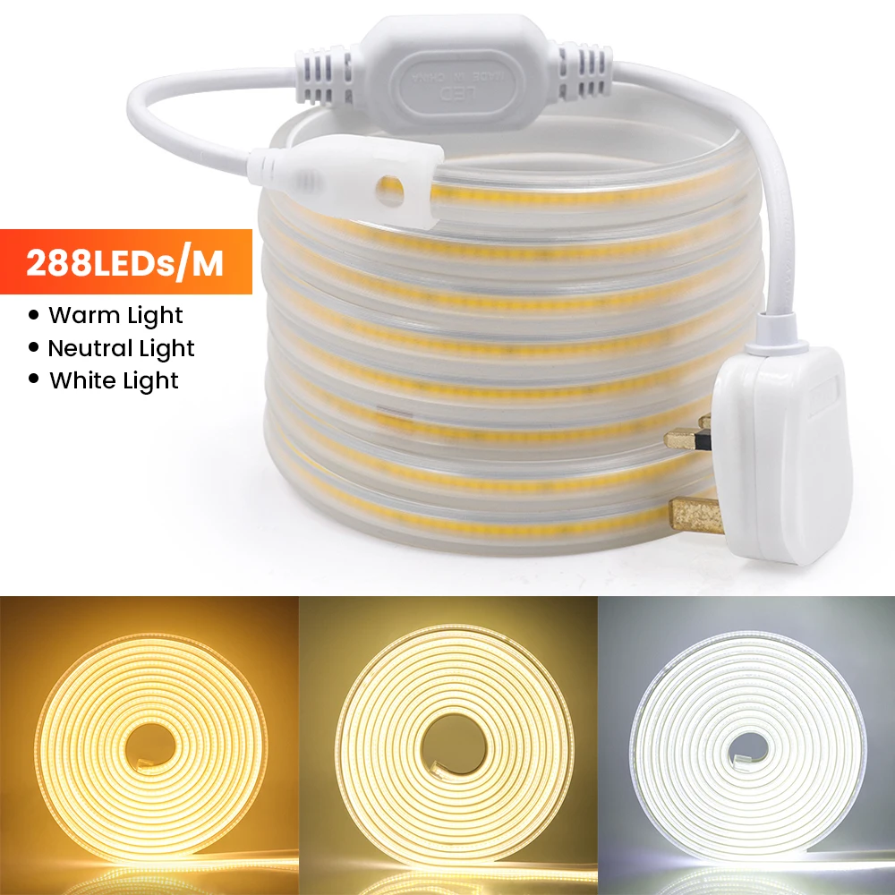 220V LED Strip Super Bright 288/360 LEDs/m COB LED Light Warm /Natural/White Decor Outdoor Waterproof LED Strip Light + UK Plug