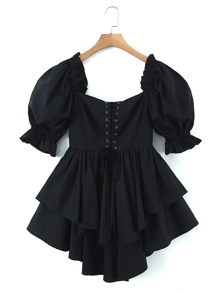

YENKYE Sexy Women Front Lace Up Bandage Square Neck Black Dress Vintage Puff Sleeve Female Holiday Summer Short Robe