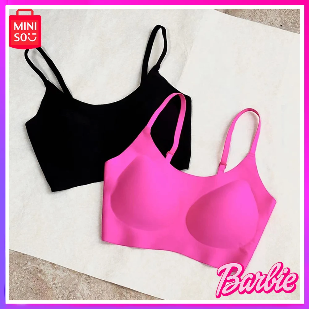 

Miniso Barbie Pink Non Underwire Underwear Retraction Breast Anti Sag Push Up Sports Bra Set Vest Style for Girls Christmas Gift